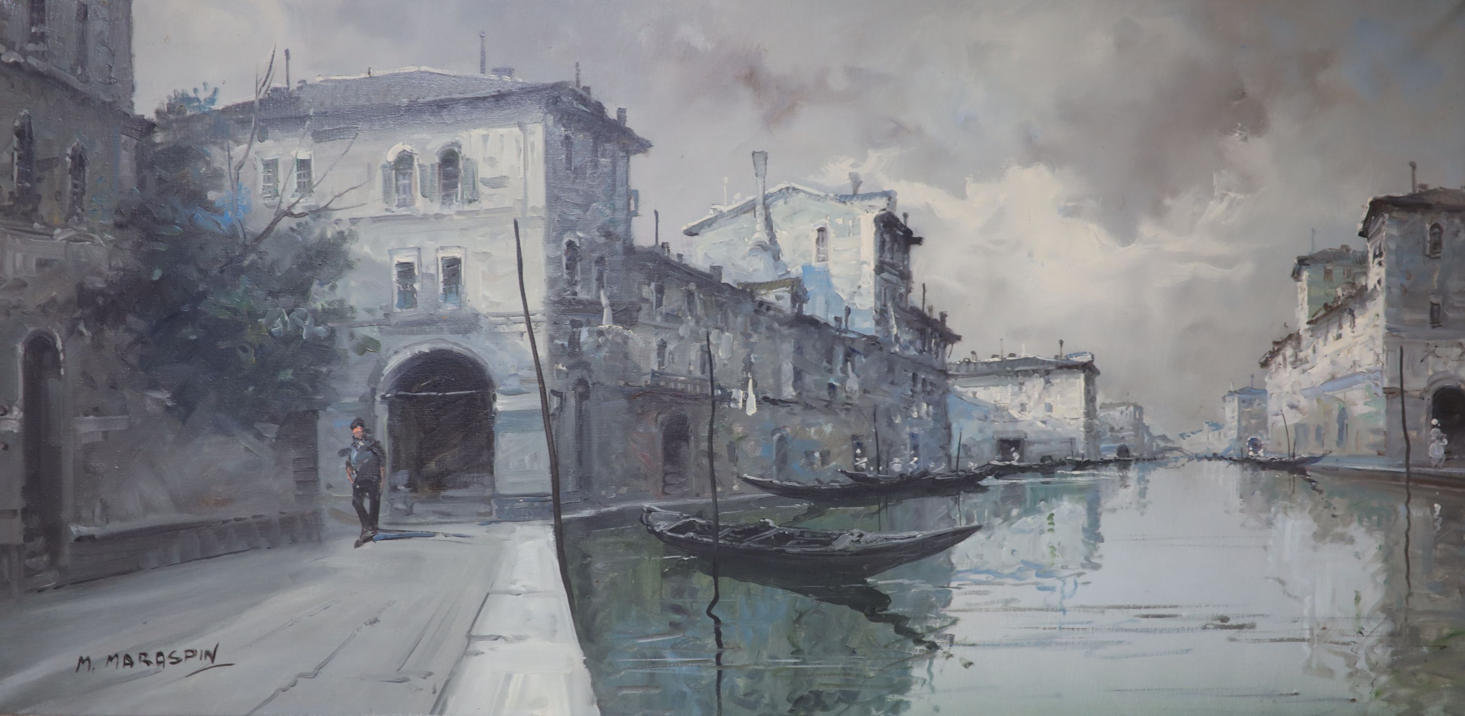 Maud Isabel Maraspin (American, 1867-1939), oil on canvas, Venetian canal scene, signed, 50 x 100cm